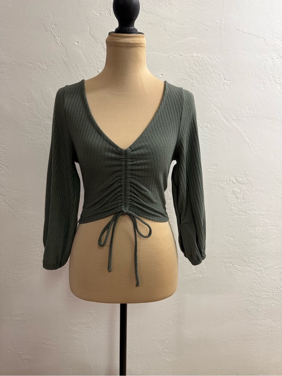 Pie In The Sky Tops - Ruched V-Neck Olive Green Crop Top with Adjustable Tie